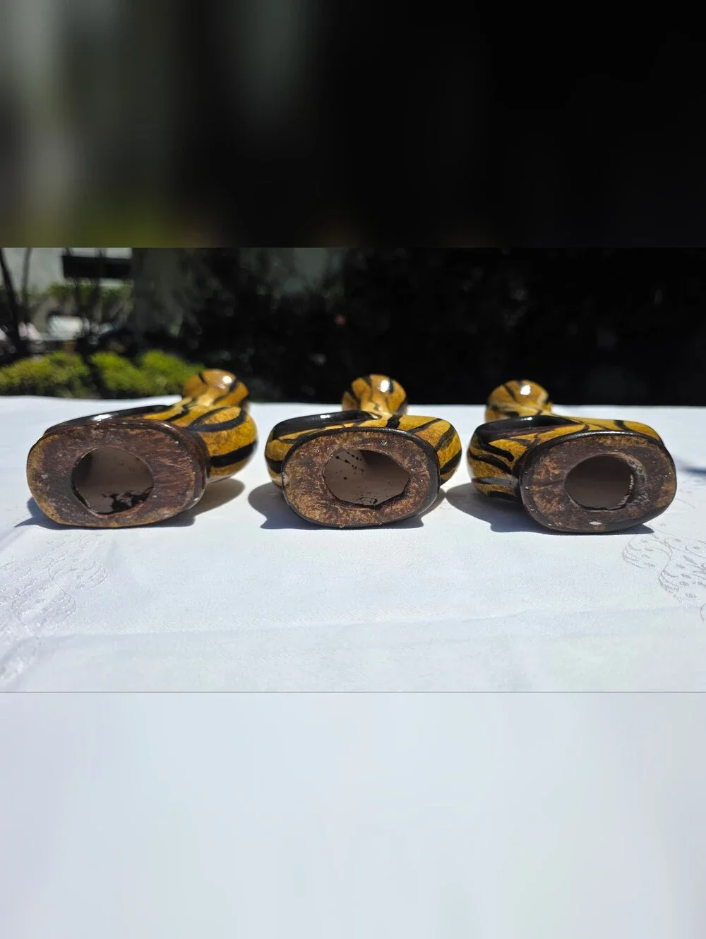 VTG Mid-Century Modern Yellow & Black Pierced Ceramic Candlestick Trio - As Is
